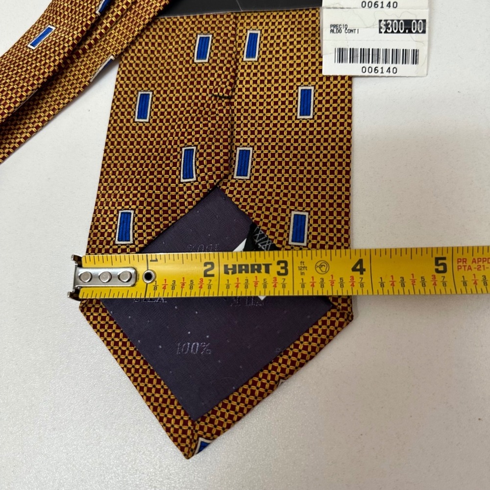 Renato Casati Italy Mode Silk Tie Gold Blue Geometric Pattern NWT - Picture 6 of 6